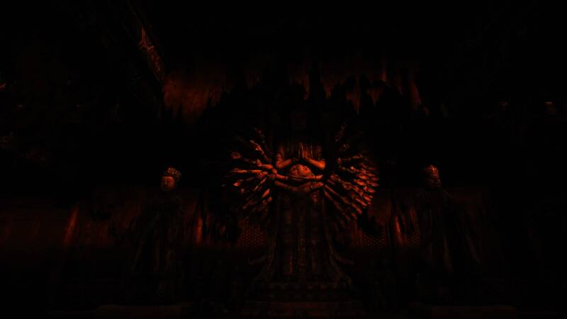 游戏内场景展示图,主角行走在雾气弥漫的古庙前,远处隐约可见变异怪物身影,整体氛围压抑神秘