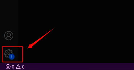 VSCode左下角齿轮图标被鼠标悬停,弹出设置菜单选项,界面清晰标注操作入口