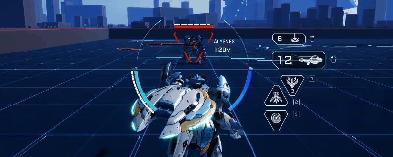 《解限机》中白虹机甲在战场上展开侦查模块，炮口对准远处目标，机身线条流畅，科技感十足