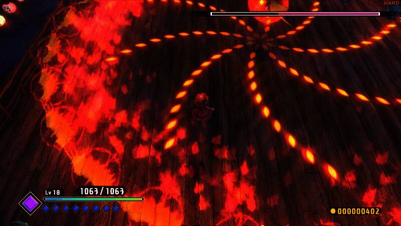 游戏战斗场景俯视视角，角色在密集弹幕中穿梭，特效绚丽