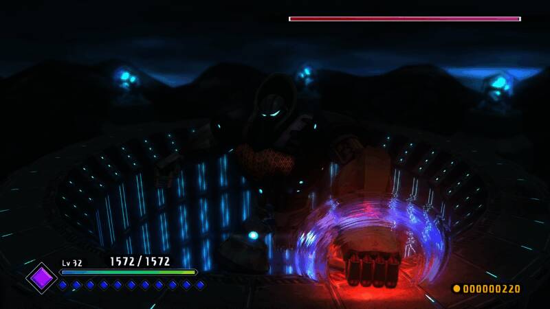 Boss战场景，巨大怪物释放环形弹幕，玩家角色在缝隙中闪避