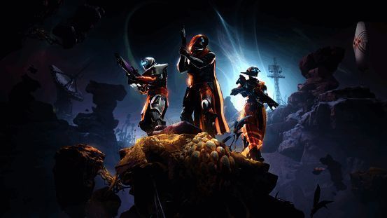 《命运2：宿命边缘》宣传图，守护者站在暗物质环绕的开普勒星球表面，远处是扭曲的空间与神秘光环