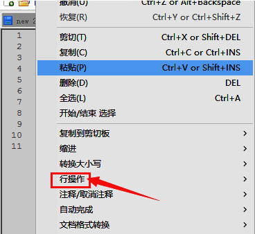 Notepad++编辑菜单中,“行操作”选项被展开,显示多个与行相关的处理命令