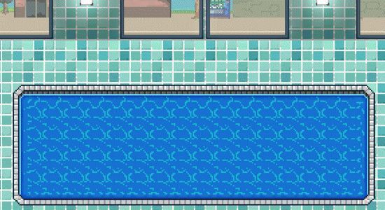 动态展示玩家建造的泳池场景,小动物在水中畅游,西瓜泳圈随波浮动,阳光洒落水面,视觉清凉感十足