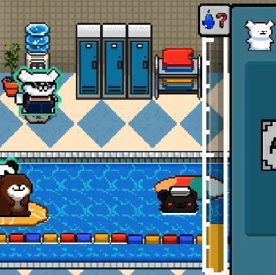 温泉馆内设置多台饮水机,小动物排队接水饮用,界面提示‘口渴值已恢复’,体现健康管理机制