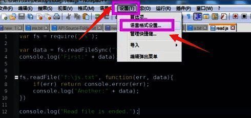 Notepad++设置菜单中选择语言格式设置的界面截图,展示进入主题配置的路径