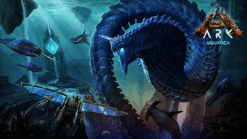 《方舟:生存进化》‘夏日海洋’DLC宣传图,展示深海场景中巨大的生物游弋于沉没方舟残骸之间,光影交错,神秘感十足