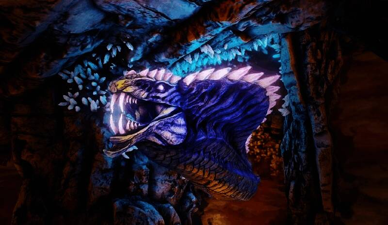 熔渊火蟒缠绕在海底火山口,身体泛着红光,周围岩浆翻滚,热浪扭曲了水体视觉