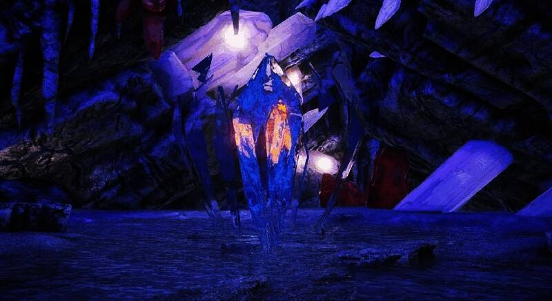 裂晶魔悬浮于深海裂缝之上,晶体核心闪烁蓝紫色光芒,周围空间出现裂痕与扭曲波纹