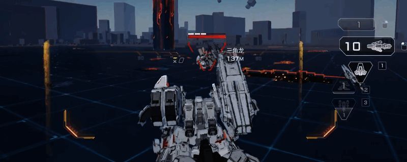 《解限机》中剑龙机甲在战场上发动猛烈炮击的场景，机身厚重，炮口喷射出耀眼火光