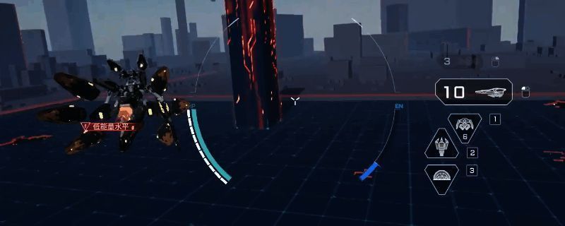 《解限机》游戏中轻型机甲高速飞行中的战斗画面，机体在空中划出蓝色轨迹，背景为未来都市废墟