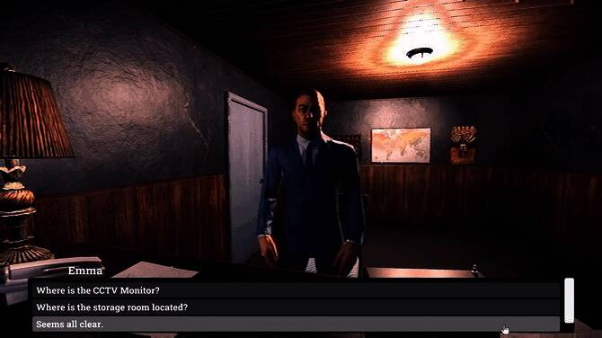 旅馆前台视角，电脑屏幕闪烁着模糊人脸，窗外风雨交加