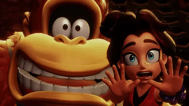 《咚奇刚:蕉力全开》游戏宣传画面,咚奇刚身披领结,站在城市风格关卡中,背景充满美式漫画风格建筑