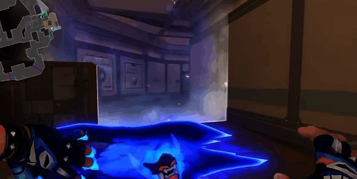 夜露在拐角处投掷空间碎片的 gameplay 截图,碎片飞行轨迹清晰,即将撞墙并爆发出刺眼光晕