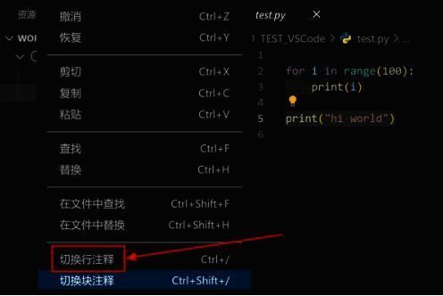 编辑菜单展开,鼠标悬停在‘切换行注释’选项上,提示该功能可快速添加或移除注释