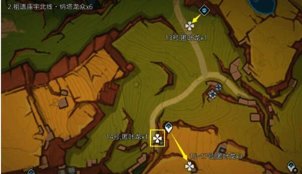 祖遗庙宇北侧龙兽分布图,包含两个主要战斗点位与移动轨迹