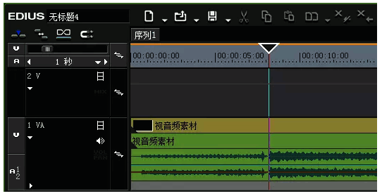 EDIUS软件界面展示，用户正在将音频文件拖拽到时间轴轨道上