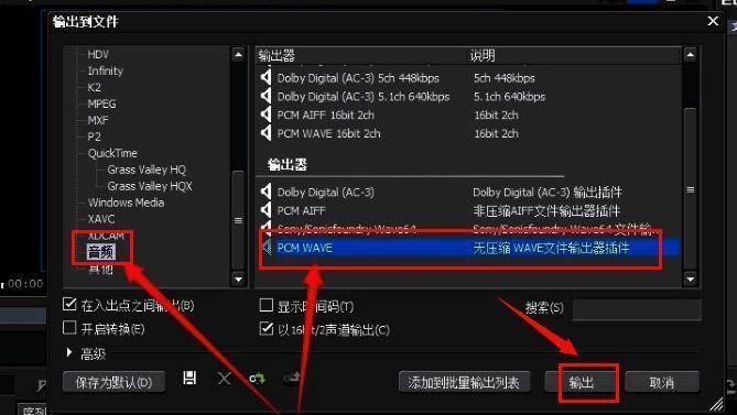 格式设置窗口中已选中PCM WAVE音频格式，准备导出高质量音频文件