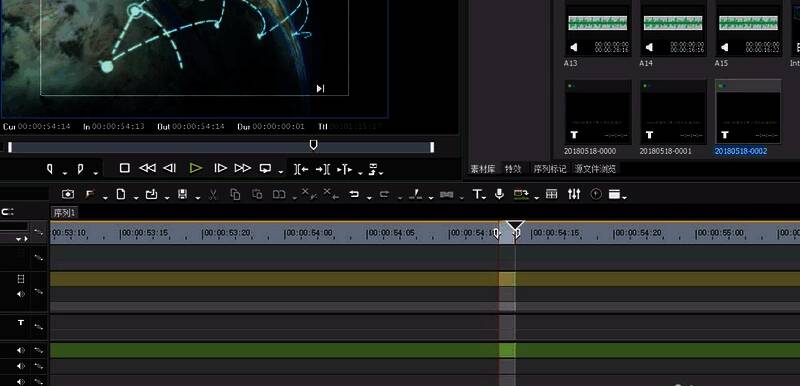 时间轴上入点与出点标记紧邻,表示仅选中一帧