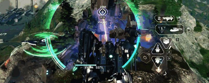 《解限机》游戏中玩家操控机甲‘赤霄’在战场中准备拆除敌方设施的场景,周围环境为未来科技风格的基地结构