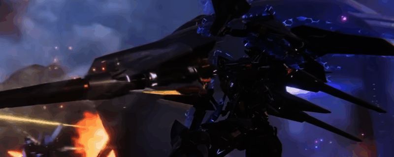 《解限机》中龙渊机甲的立绘展示，机体通体黑红配色，手持光剑，充满未来科技感