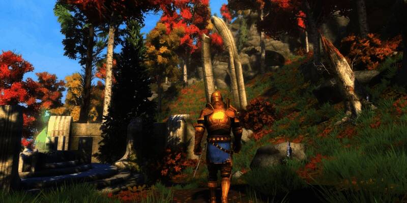 《上古卷轴4：湮没》游戏画面，主角行走在赛洛迪尔的田园风光中，远处是帝都尖塔