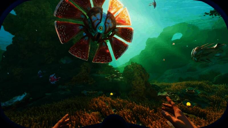 《深海迷航2》游戏内场景概念图,幽蓝深海中巨型生物缓缓游过,光影交错