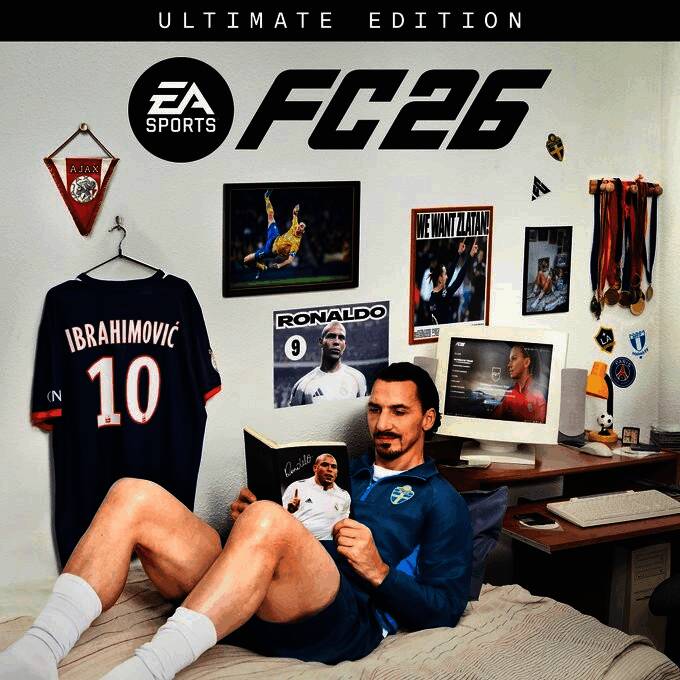 EA Sports FC 26终极版封面图,伊布拉希莫维奇身穿标志性球衣,神情霸气地站在球场中央,背景为炫酷光影特效