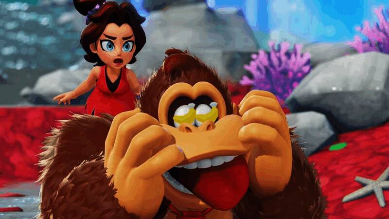 《咚奇刚:蕉力全开》实机画面,大金刚在丛林中跳跃并破坏地形,特效绚丽