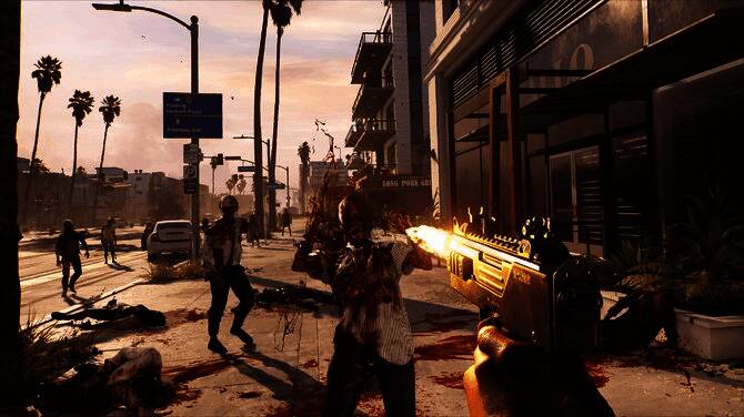 《死亡岛2》正式版游戏画面，角色在洛杉矶街头与变异僵尸激烈战斗