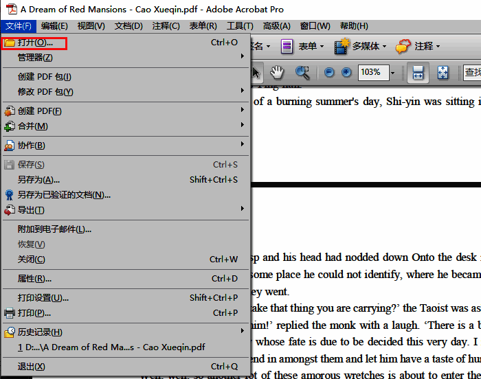 文件菜单下拉选项中高亮显示‘打开’功能,旁边为文件浏览窗口