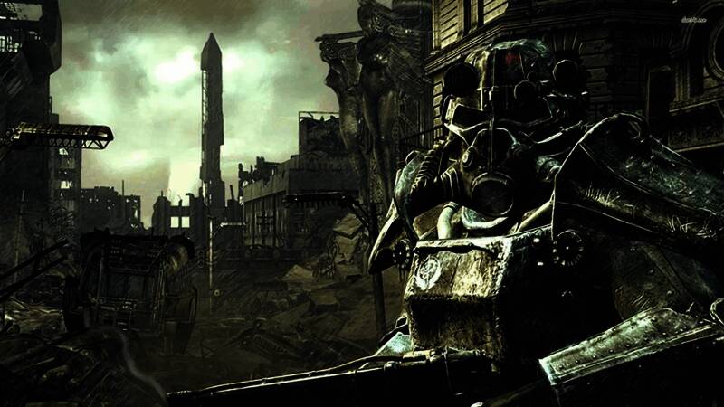 《辐射76》中玩家在废墟湖泊边钓鱼的游戏场景，水面倒映着破败城市与变异鱼跃出的瞬间