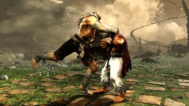 沙加特与对手激烈对峙,肌肉紧绷,身上伤疤清晰可见,充满压迫感