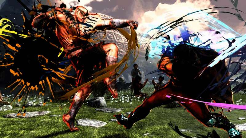 沙加特在胜利姿势中单手指天,背景火焰升腾,尽显王者风范