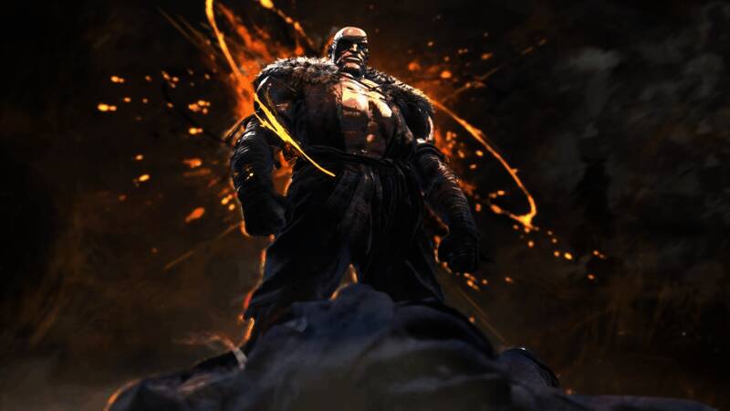 角色选择界面中的沙加特立绘,身穿传统泰拳短裤,纹身与伤痕细节精致