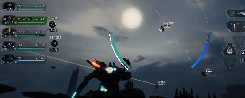 《解限机》中阿奎纳机甲的全身展示图,银灰色装甲搭配红色能量纹路,展现出重型狙击机兵的威猛气势