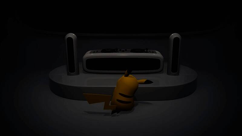 皮卡丘在后台准备道具的插画,桌上摆放着神秘装置和闪亮的宝可梦球,暗示即将公布重要消息