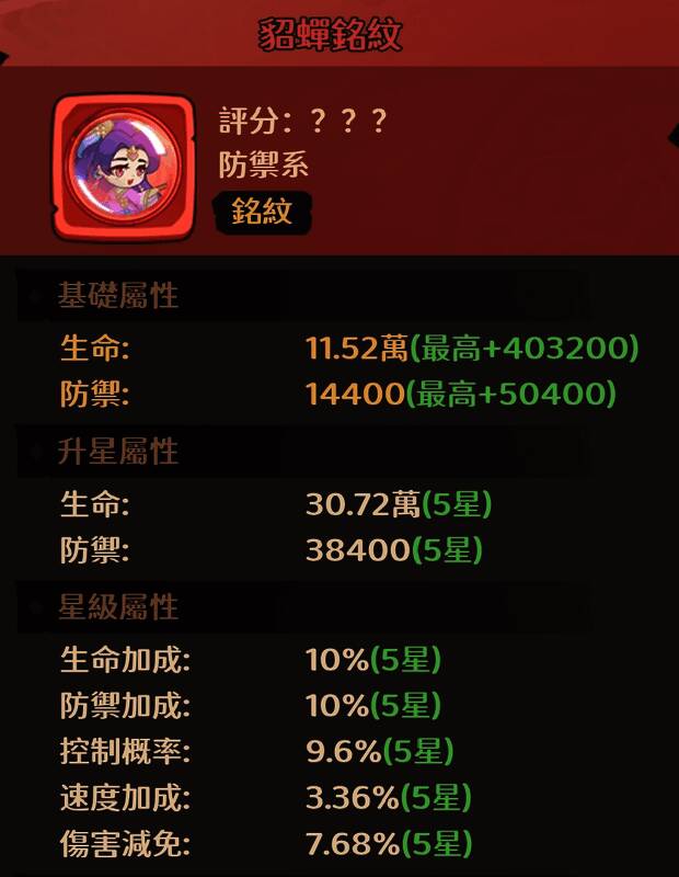 貂蝉铭纹图标展示,属性偏向生命与防御加成