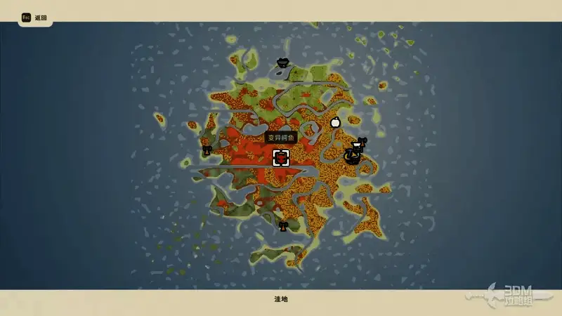 地图界面显示鳄鱼标记位置,位于一片蜿蜒河流的中央浅滩附近