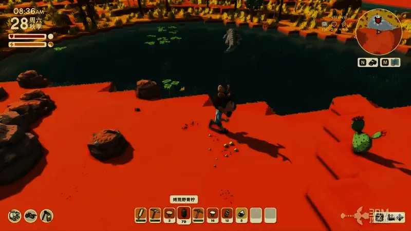 玩家角色站在岸边,对面沼泽中一只体型巨大、皮肤泛紫的鳄鱼正张开血盆大口发起冲锋