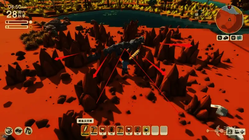 玩家角色站在倒下的巨型鳄鱼旁,地上散落着发光的紫色肉块和闪着金属光泽的鳞片