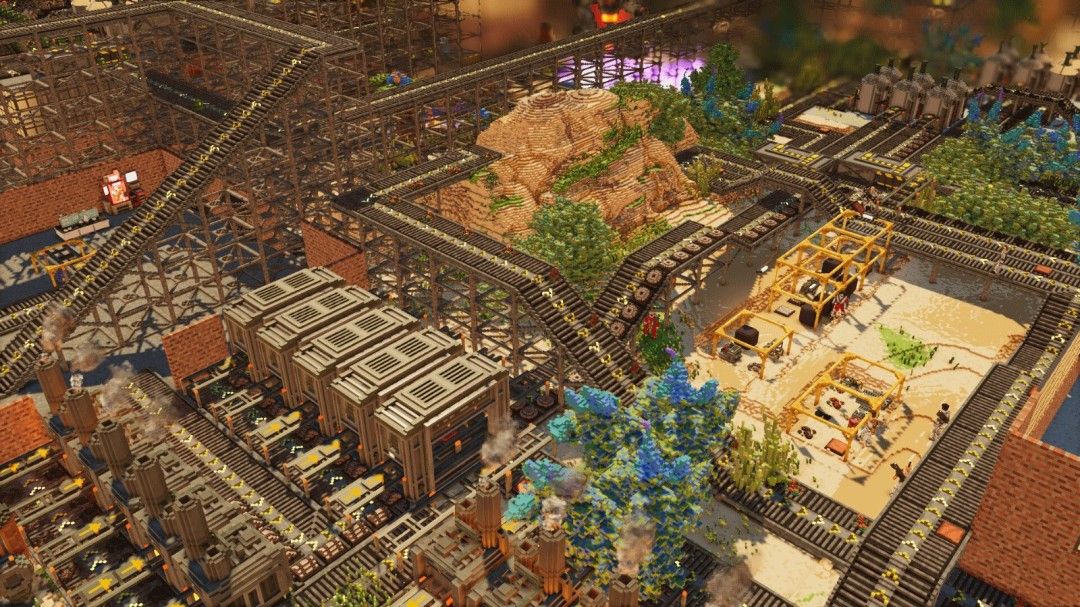 游戏内殖民地实机画面，展示工人在多层工厂中行走，周围布满机械臂、储物箱与防御炮塔