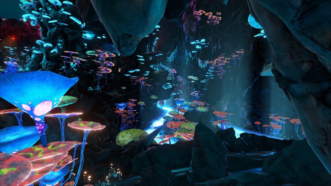 极暗深渊场景概念图,黑暗水域中浮现诡异光影与巨型生物轮廓