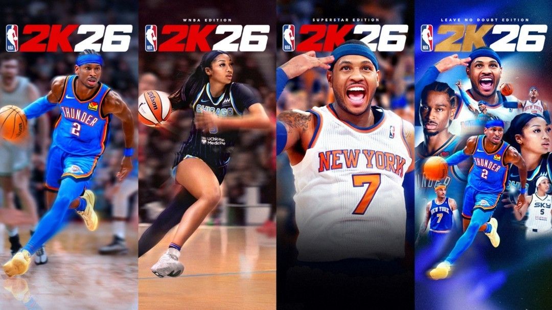 《NBA 2K26》官方宣传画面,球员在灯光璀璨的球场中激烈对抗,画面细节逼真,氛围感十足