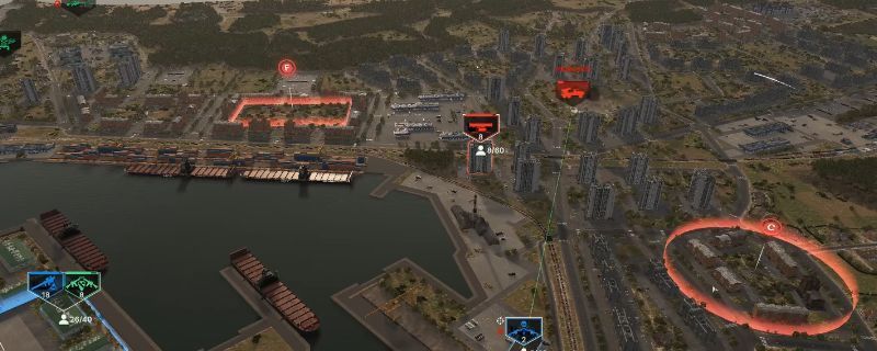 《断箭》游戏中步战车在城市街道行驶,士兵正从后部舱门下车,周围有建筑物环绕,呈现战术部署场景