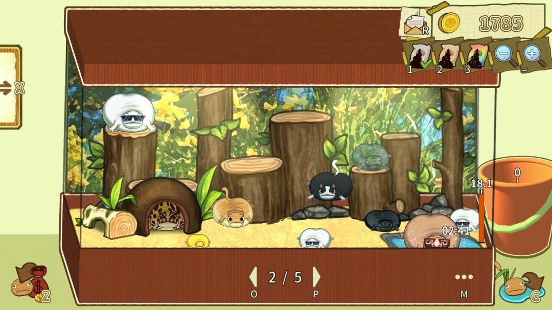 玩家在室内生态缸中照料丑蛙,缸内蛙只体型圆润,周围摆放饲料瓶与装饰灯