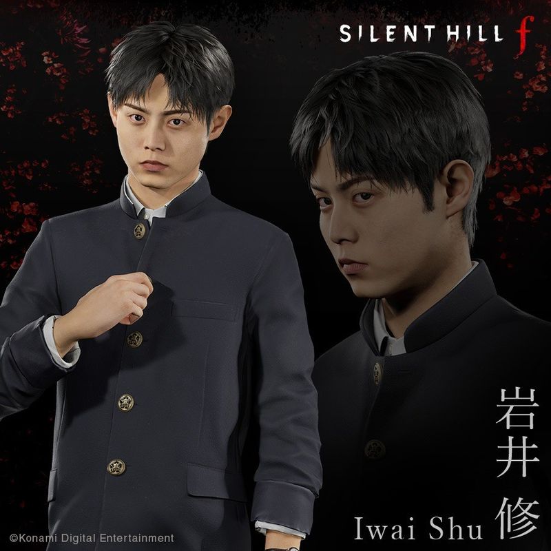 岩井修角色立绘,身穿复古学生制服,神情冷静,背景为寂静岭浓雾弥漫的街道