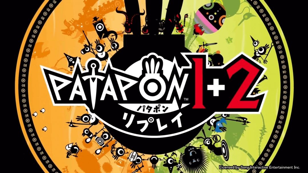 《啪嗒砰1+2合集》游戏画面,玩家指挥一群眼球状的PATAPON角色在沙漠中行进,背景为远古风格的神庙