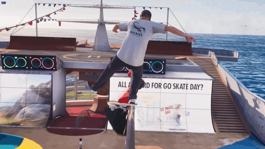 多名滑板手在公园场地同场竞技,空中完成抓板动作,特效炫酷