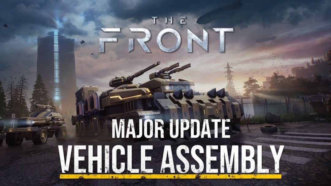 《The Front》游戏画面展示玩家在荒原中驾驶自定义战车,背景为巨大机械结构与橙红色天空